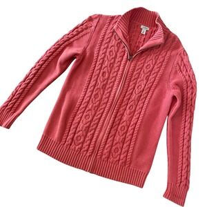 L.L. Bean Womens Full Zip Cable Knit Sweater Sz M Fisherman Mock Neck Cotton